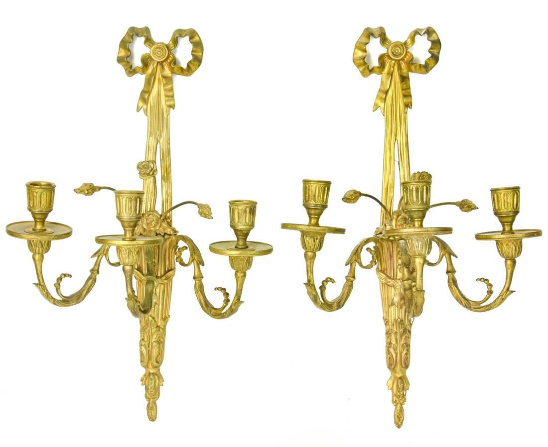 Pair Antique Neoclassical Brass Candle Sconces (1 of 10)