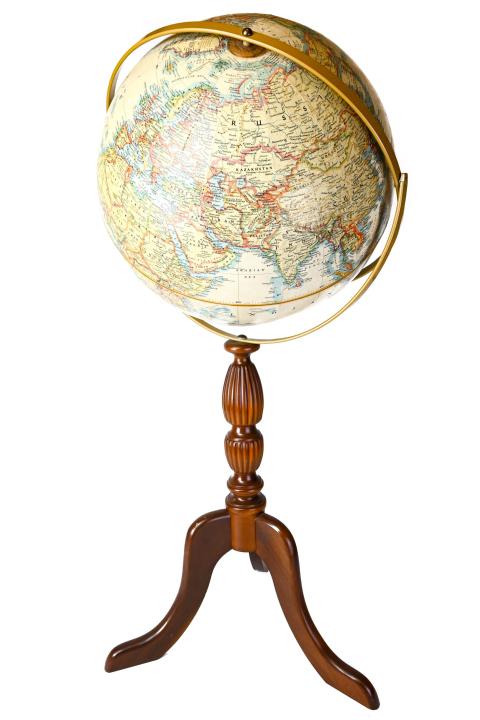 National Geographic Globe on Carved Wood Stand: National Geographic Globe on Carved Wood Stand. Measures 38 inches x 22 inches