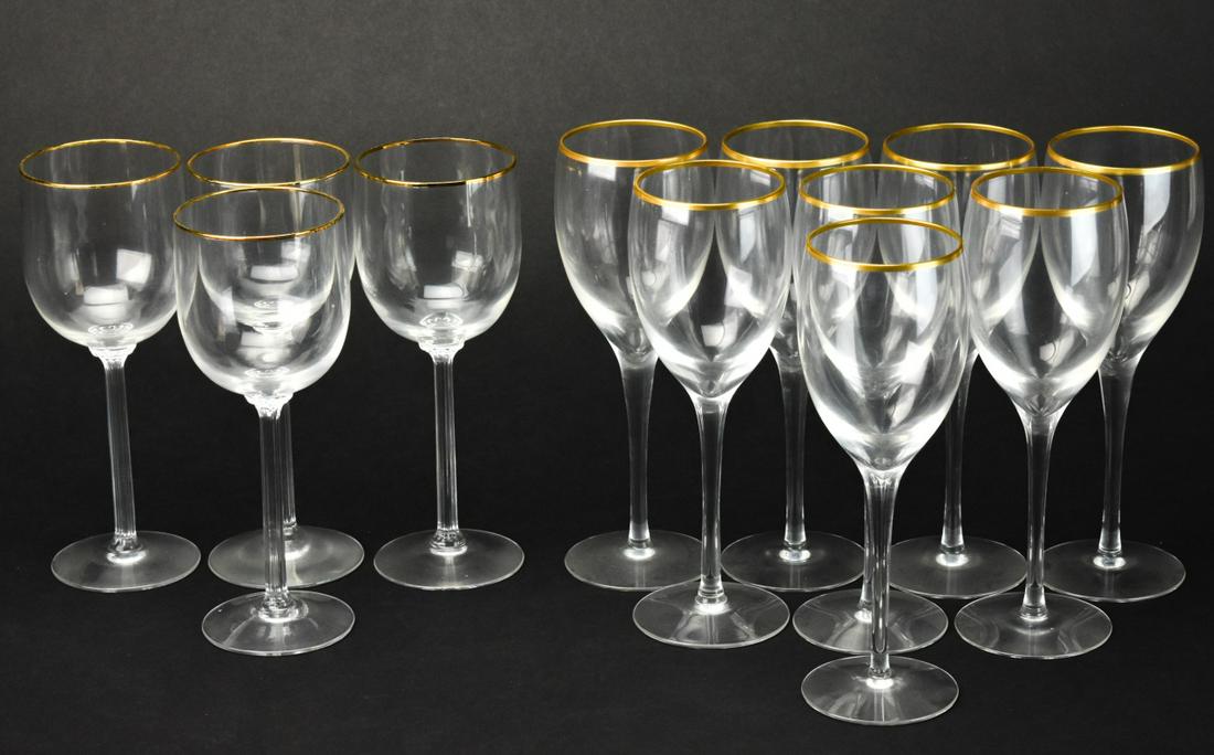 Set Gold Rim Crystal Wine Glasses: Set Gold Rim Crystal Wine Glasses. Apparently unsigned. Red wine 7.5 inches. White wine measures 7.25 inches.