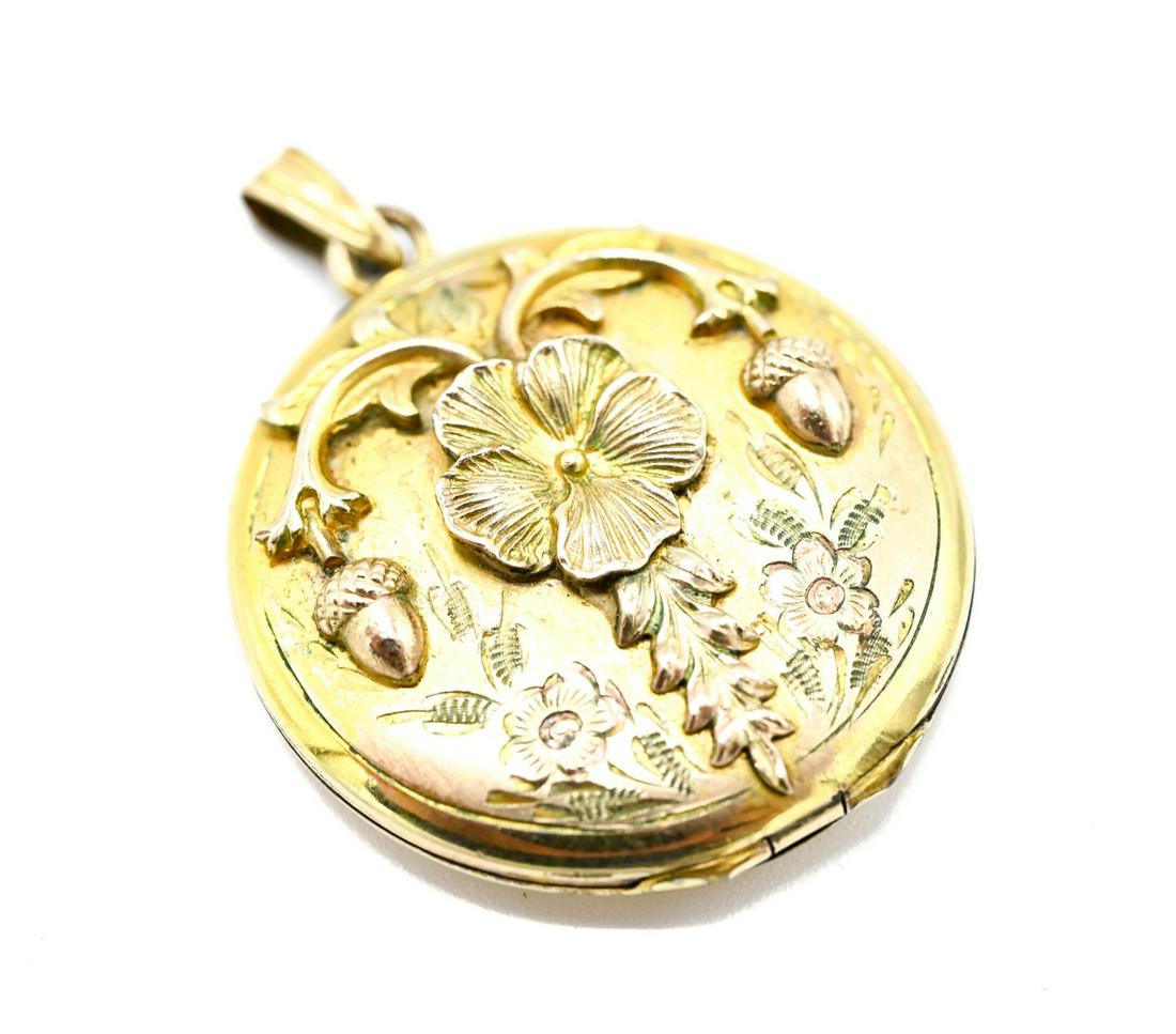 Antique Gold Filled Flower & Acorn Motif Locket: Antique 19th C Gold Filled Flower & Acorn Motif Locket Necklace Pendant. Measures 1.25 inches in length.