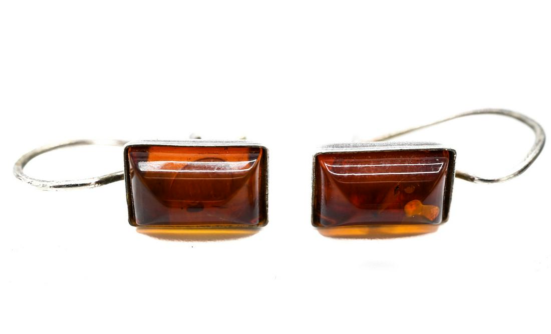 Pair of Sterling Silver & Amber Cabochon Earrings (1 of 7)