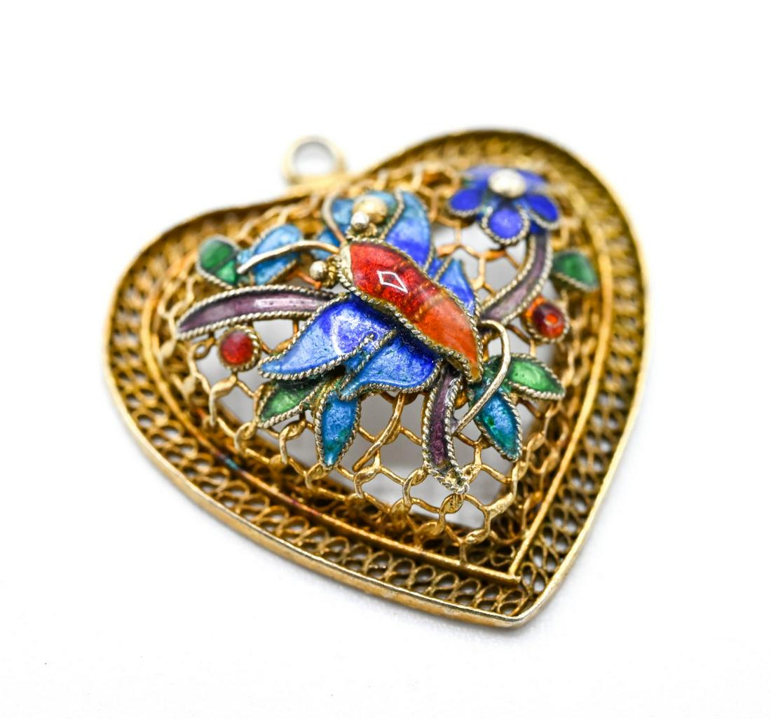 Antique Filigree Enamel Butterfly Necklace Pendant: Antique Filigree Enamel Butterfly Necklace Pendant. Heart form. Measures just under 1 inch in length.