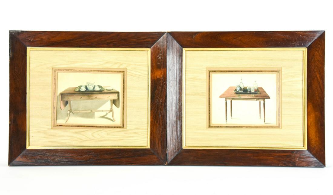 Pair Framed Antique Tea & Wine Tables Engravings: Pair Framed Antique Tea & Wine Tables Furniture Still Life Engravings in Period Mahogany and Gold Leaf Carved Frames. Antique frame measures 18 inches x 21 inches, frame opening measures 13 inches x 1