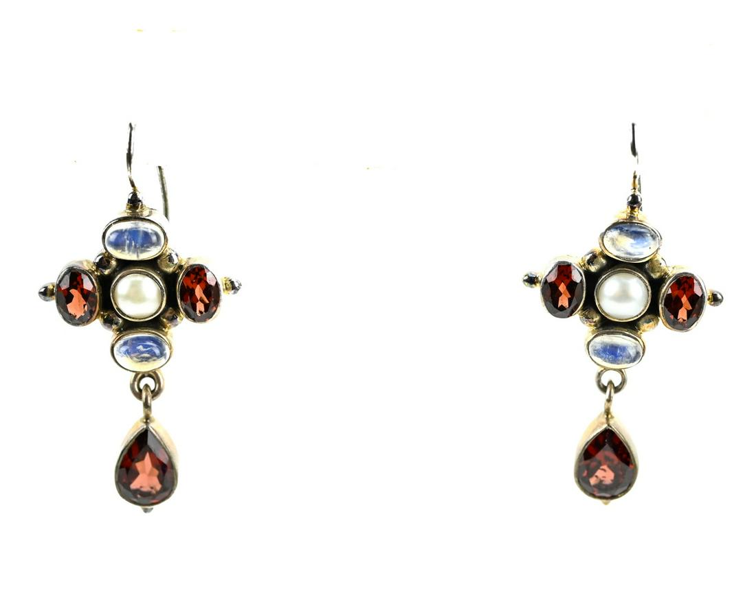 Pair Sterling Moonstone Pearl & Garnet Earrings (1 of 6)