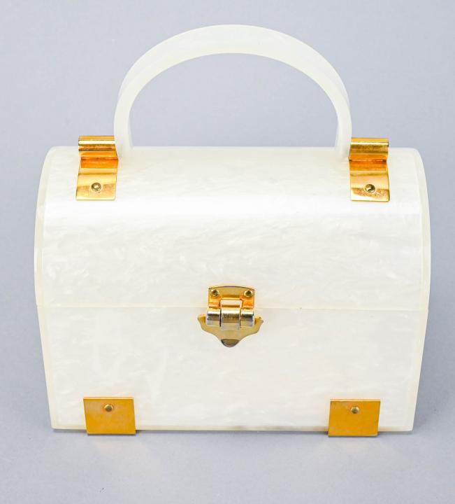 Vintage Marbled White Lucite Hand Bag: Vintage Marbled White Lucite Hand Bag Brass Hardware. Measures approximately 6 inches x 10 inches x 6 inches.