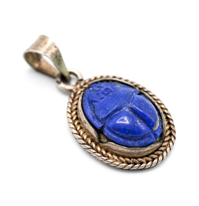Sterling Egyptian Sodalite Scarab Pendant: Sterling Egyptian Sodalite Scarab Necklace Pendant. Measures just over 1.25 inches in length.