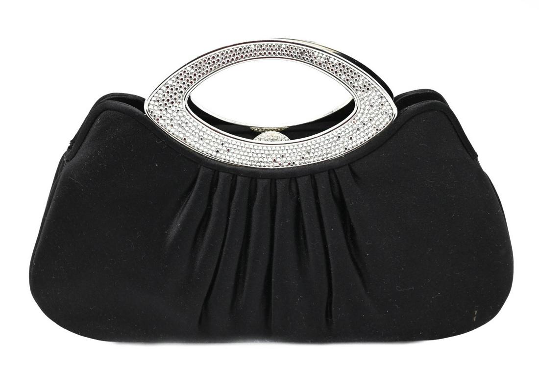 Judith Lieber Black Satin Silver Rhinestone Clutch (1 of 10)