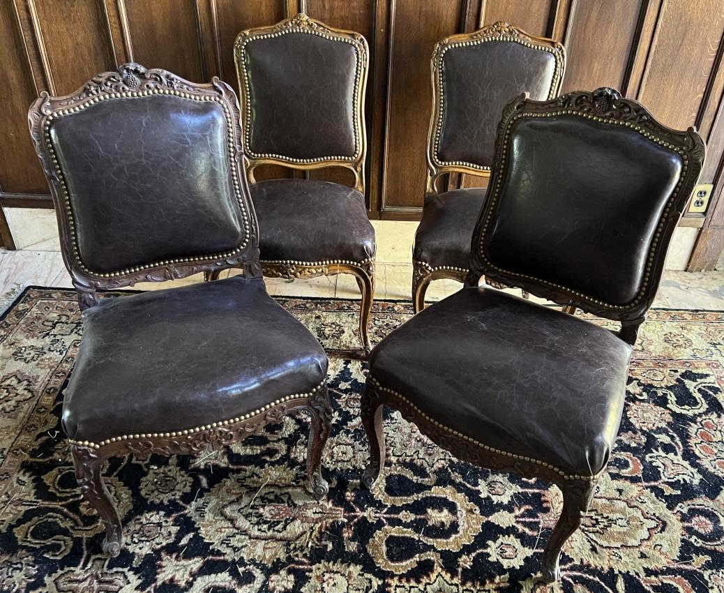 Set Four Carved Frame & Leather French Side Chairs (1 of 7)