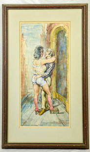 Philip Reisman Watercolor Titled "The Proposition": Philip Reisman (American 1904-1992) Watercolor on Paper Titled "The Proposition", Framed and Signed by the Artist. 28 inches x 17 inches, art measures 20 inches x 10 inches.