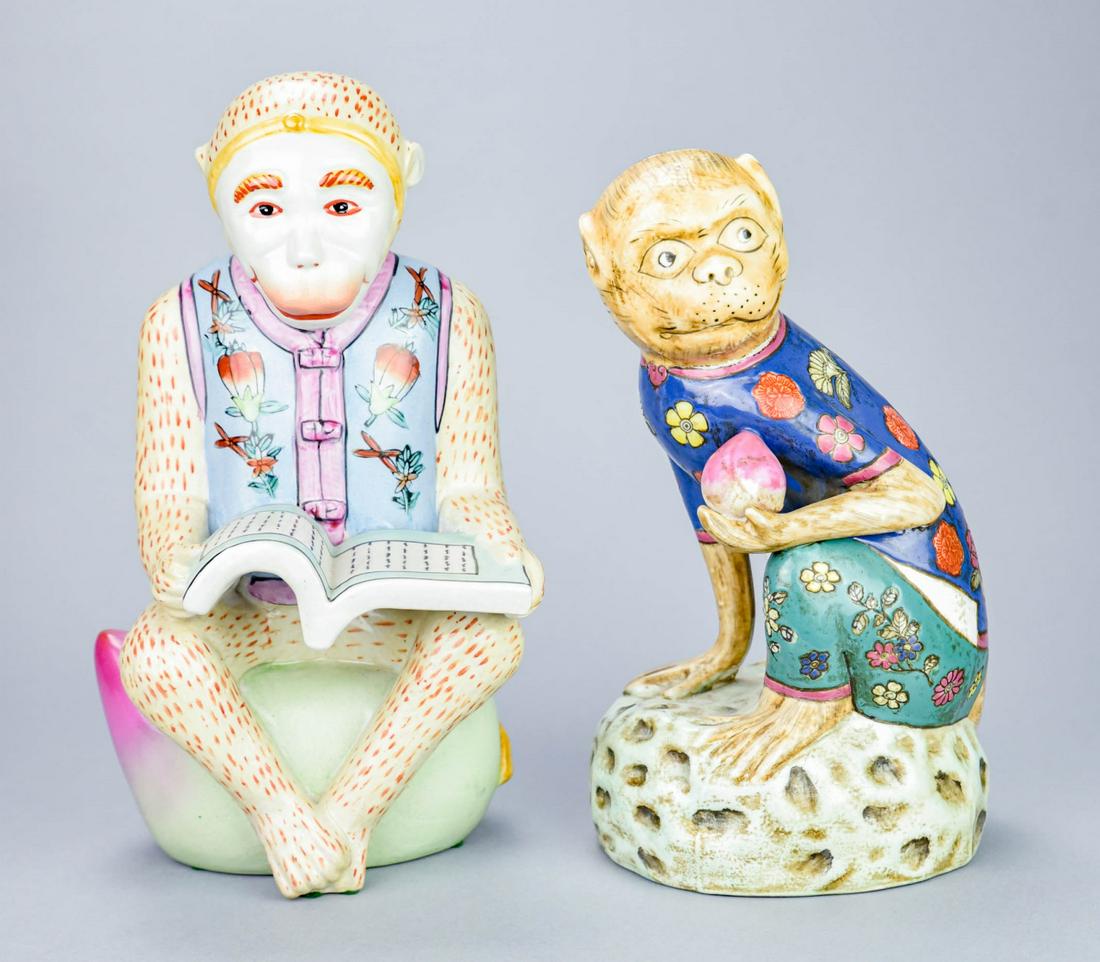 Pair Hand Painted Chinese Porcelain Monkey Statues (1 of 10)