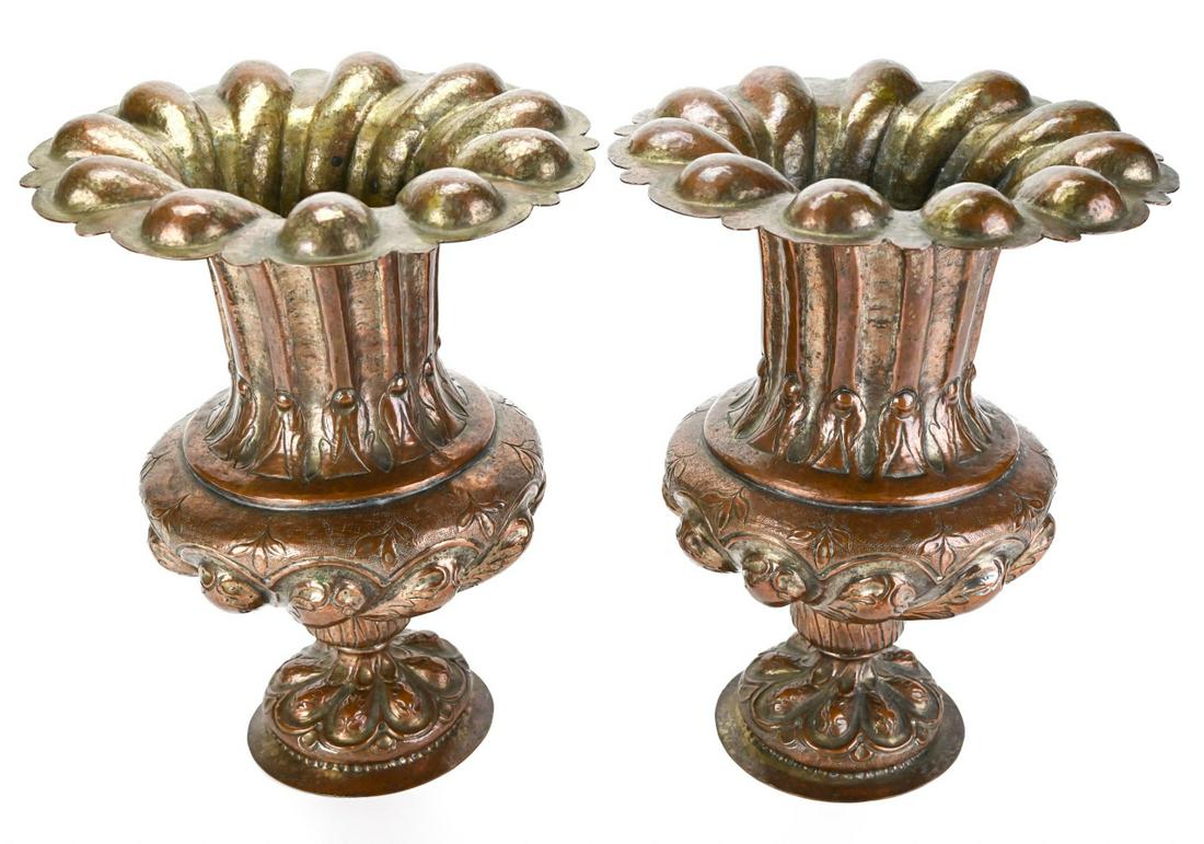 2  Antique French High Relief Reposse Copper Urns (1 of 9)