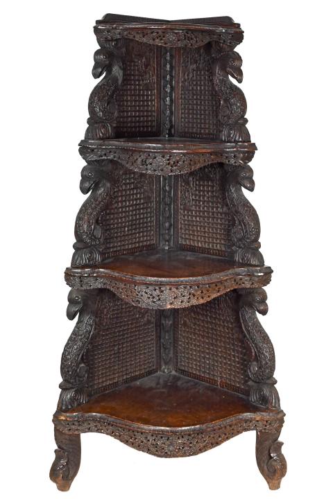 Indo-Persian Carved Caned Etagere w Phoenix Motif (1 of 6)