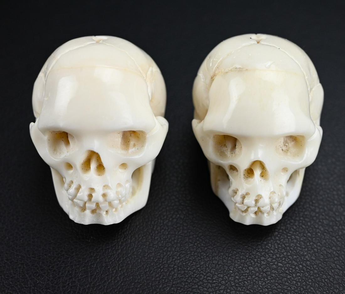 Pair of Hand Carved Bone Memento Mori Skull Beads: Pair of Hand Carved Bone Memento Mori Skull Beads. Each approximately 1 inch in length and drilled with a hole from top to bottom for jewelry making. Very well detailed hand carved bone or horn.