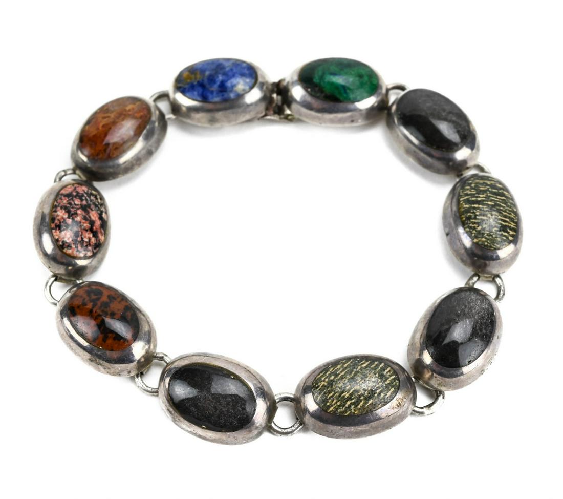 Vintage Mexico Sterling & Jasper Cabochon Bracelet (1 of 8)