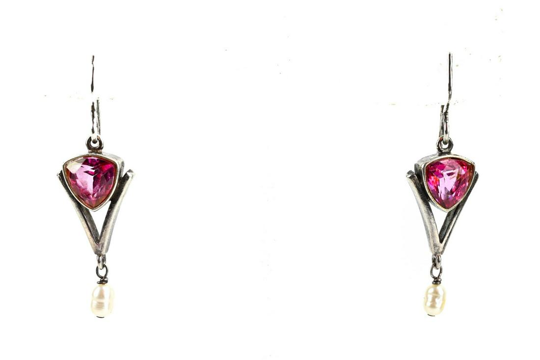 Edwardian Sterling Sterling & Amethyst Earrings: Edwardian Sterling Sterling & Amethyst Earrings w Pearl Drops. Each measures 1.5 inches in length.