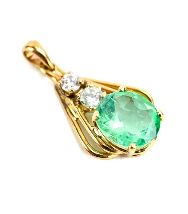 Estate 14kt Yellow Gold Diamond & Emerald Pendant (1 of 5)