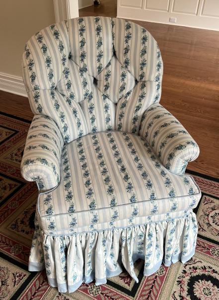 Custom Upholstered Tufted Floral Fabric Armchair: Custom Upholstered Tufted Floral Fabric Armchair. Measures 36 x 29 x 23 inches.