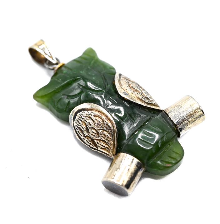 Sterling Silver & Carved Jade Owl Necklace Pendant (1 of 5)