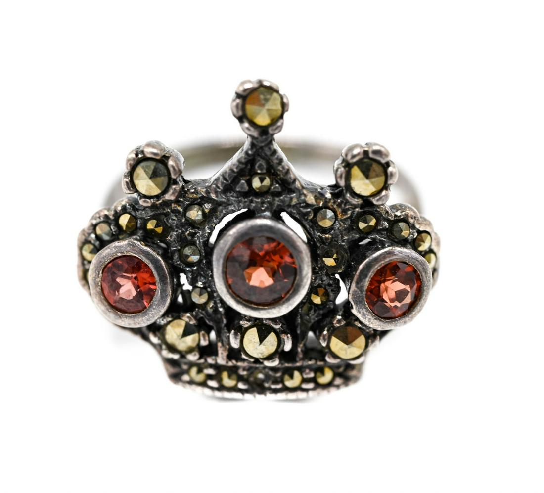 Sterling Garnet & Marcasite Crown Motif Ring: Sterling Garnet & Marcasite Crown Motif Ring. Can be resized.