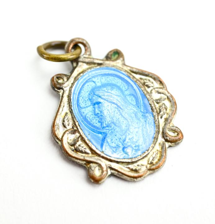 Antique Blue Enamel Religious Medal w Jesus Christ (1 of 4)