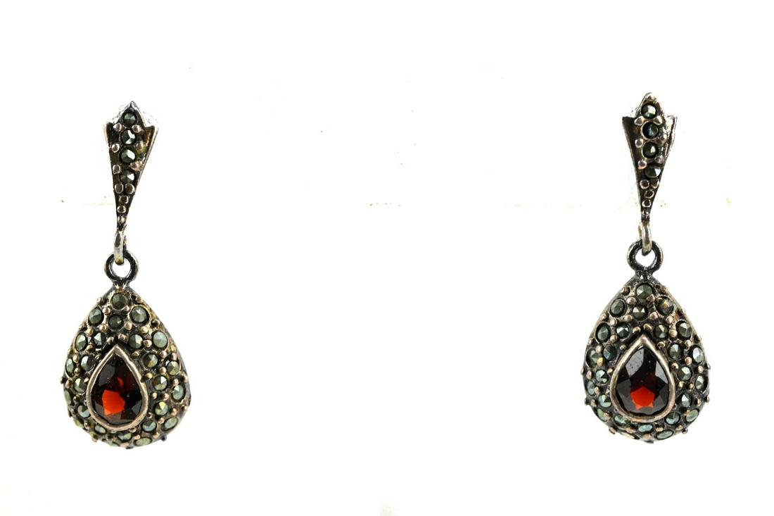 Pair Sterling Silver Marcasite & Garnet Earrings: Pair Sterling Silver Marcasite & Garnet Earrings. Each measures just over 1.25 inches in length.