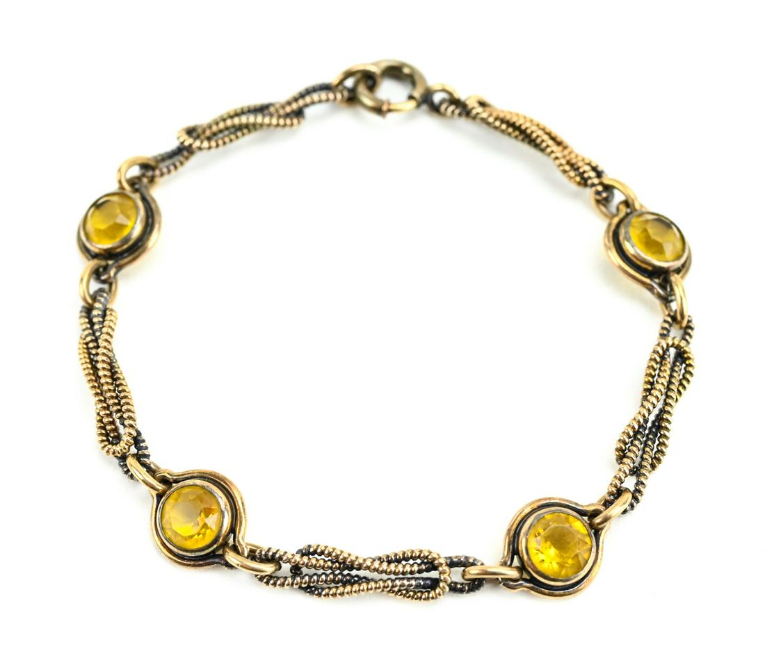 Antique Gold Filled & Citrine Paste Bracelet: Antique Gold Filled & Citrine Paste Bracelet w Fancy Knot Links. Measures 7 inches in length.