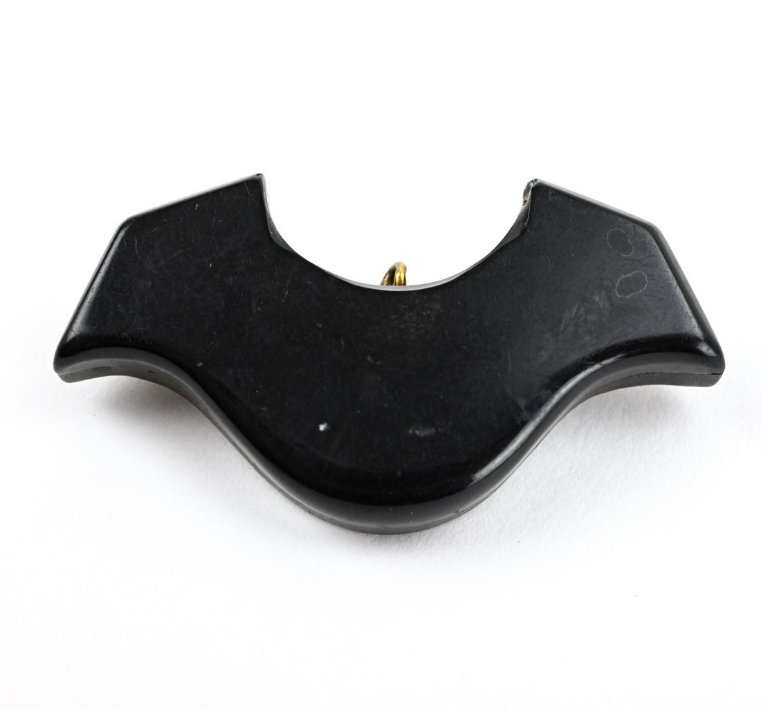 Antique 19th C Carved Whitby Jet Brooch w Fob Bail: Antique 19th C Carved Whitby Jet Brooch w Bail for Fob etc. Measures 1.75 inches in width.