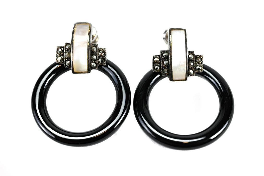 Pair Sterling Marcasite & Onyx Art Deco Earrings: Pair of Sterling Silver Marcasite & Onyx Art Deco Earrings w Mother of Pearl. Door knocker design. Each measures just under 1.5 inches in length.