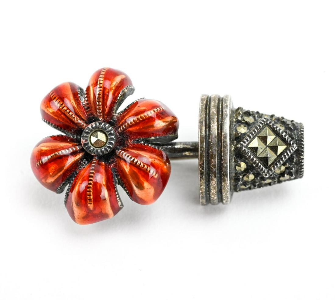 Vintage Sterling Enamel & Marcasite Floral Brooch (1 of 5)