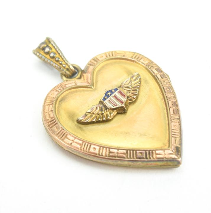 Antique Gold Fill American Airforce Locket Pendant: Antique Gold Filled American Airforce Locket Pendant. WWII Era sweet heart locket. Measures 1.25 inches in length.