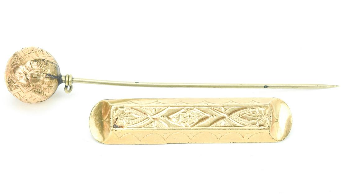 Antique 19th C Gold Filled Bar Brooch & Stick Pin: Antique 19th C Gold Filled Bar Brooch & Stick Pin. The stick pin measures approximately 3.75 inches in length.