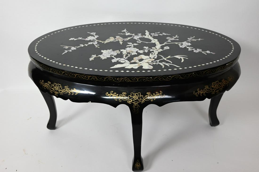 Chinese Black Lacquer & Mother or Pearl Table: Chinese Chinoisserie Black Lacquer & Mother of Pearl Coffee Table. 19 inches x 36 inches x 23 inches