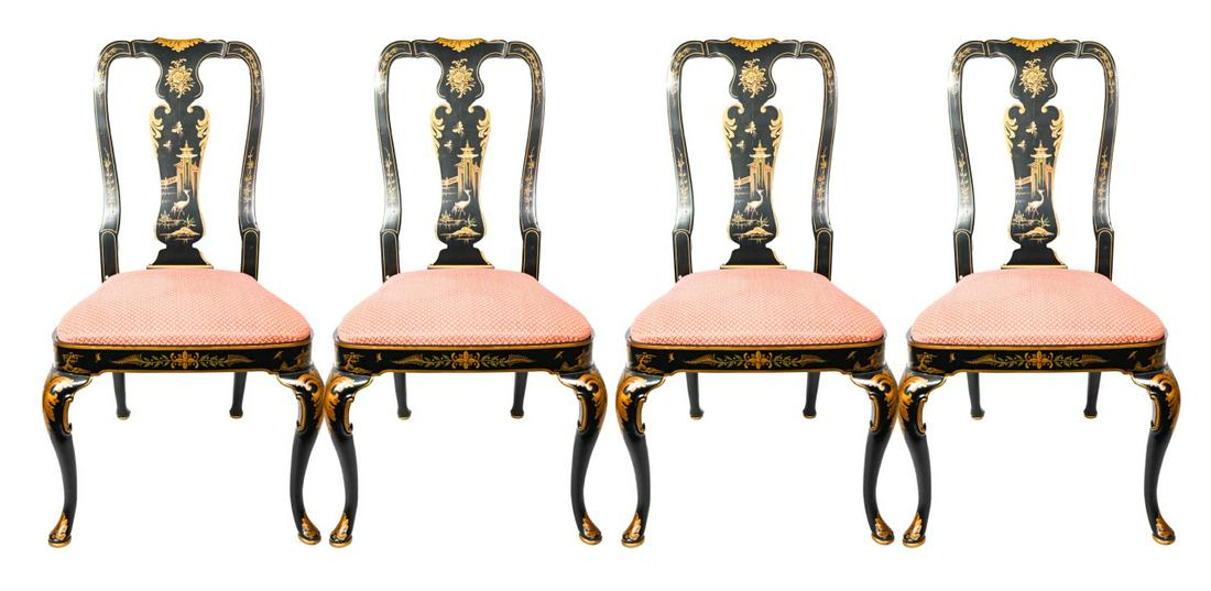4 Chinese Black Lacquer Hand Painted Dining Chairs (1 of 9)