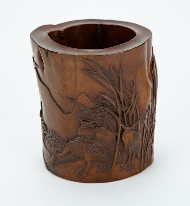 19th C Hand Carved  Brush Pot  with Three Cranes (1 of 6)