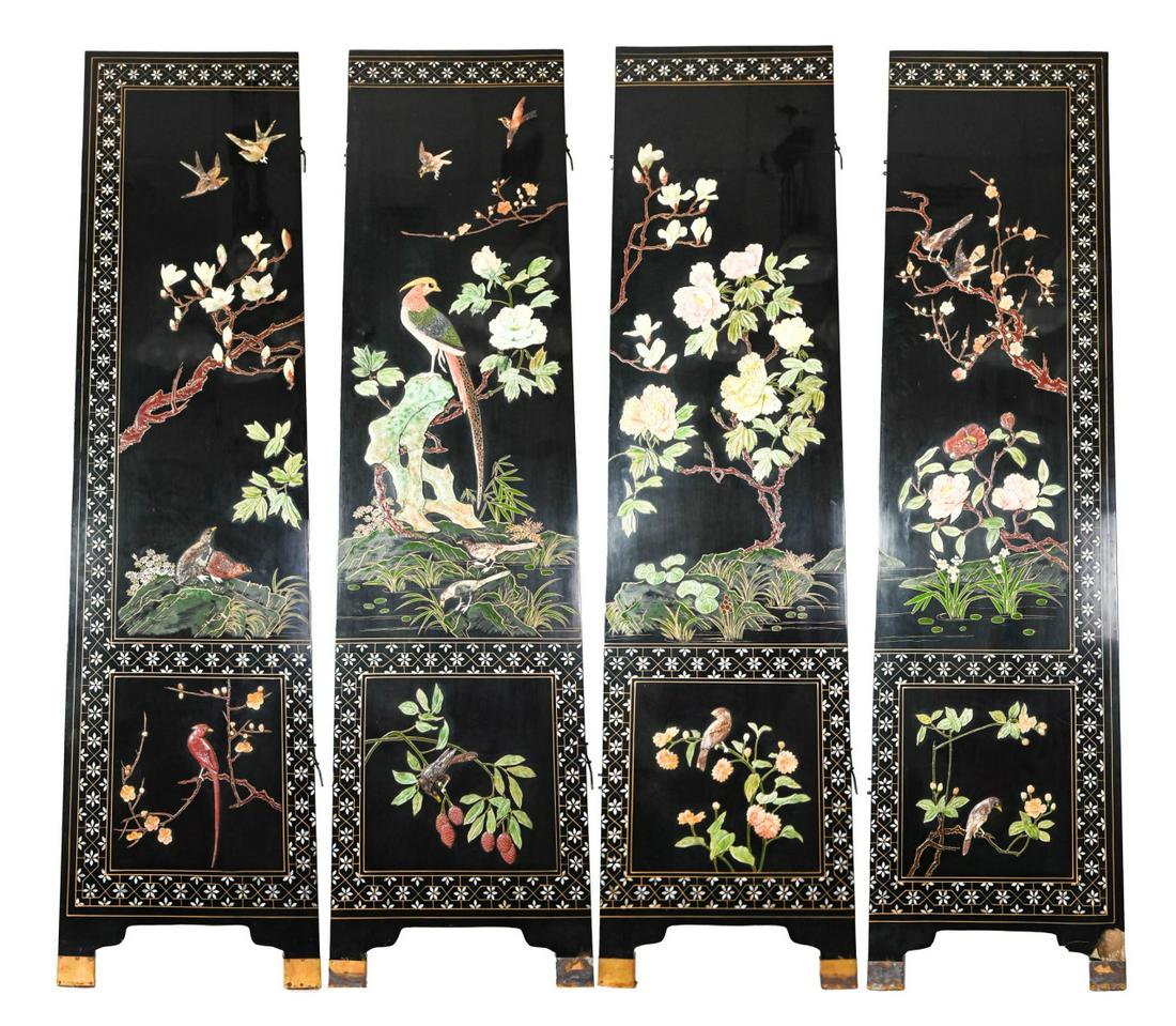 Chinese 4 Panel Black Lacquer Hard Stone Screen (1 of 10)