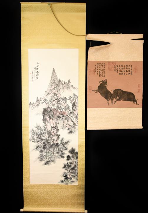Pair Chinese Water Color Scrolls Pair of Bulls (1 of 12)