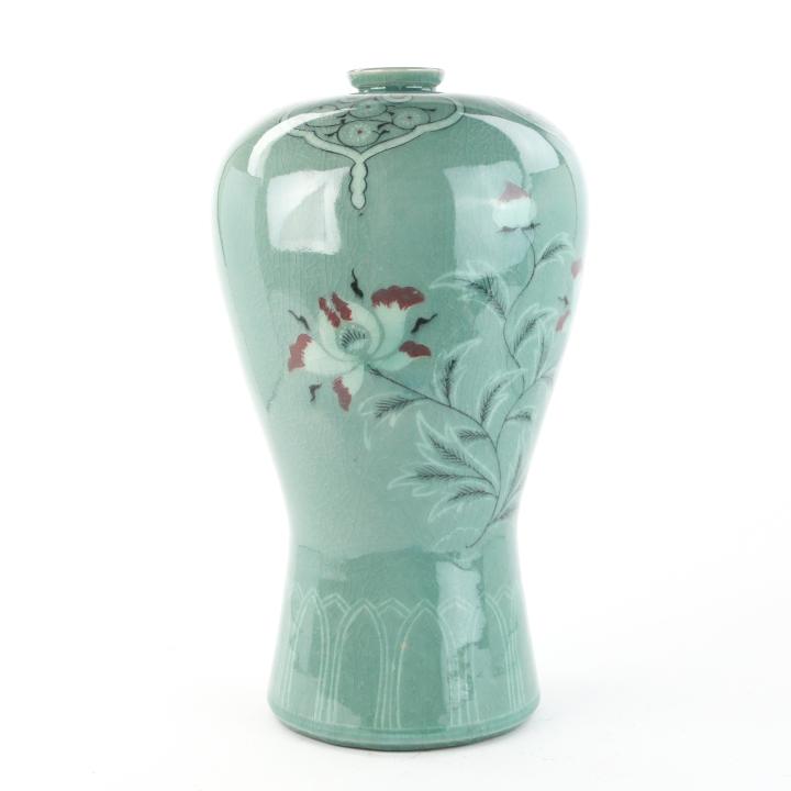 Antique Korean Celadon Plum Vase w Lotus Flowers (1 of 6)