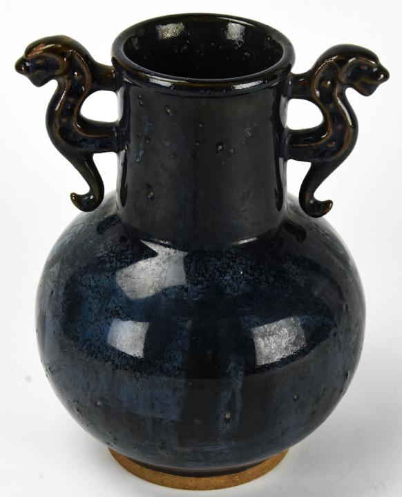 Chinese Blue Glaze Dragon Handle Vase or Vessel (1 of 6)