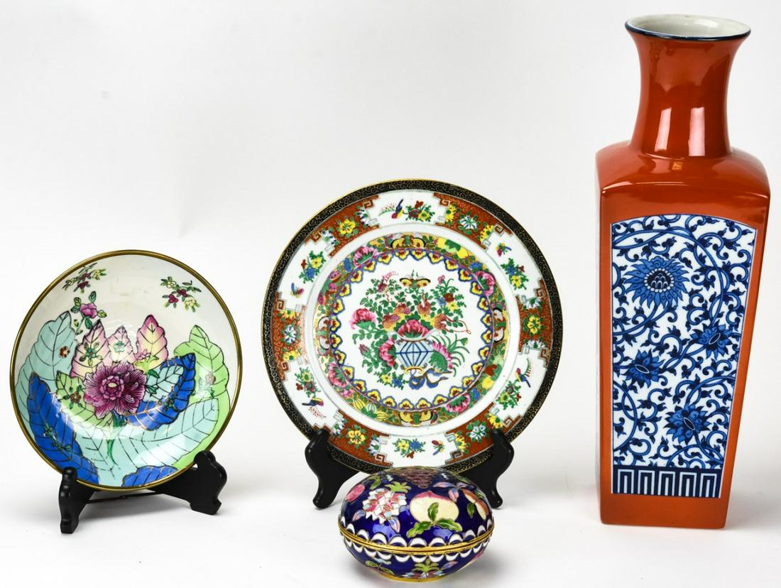 Lot of Asian Style Porcelain Decorative Objects: Lot of Asian Style Porcelain Decorative Objects. Includes one Chinese porcelain plate, one Japanese dish, one enameled covered box, and one Asian style vase by Fitz & Floyd which measures 14.75 inches