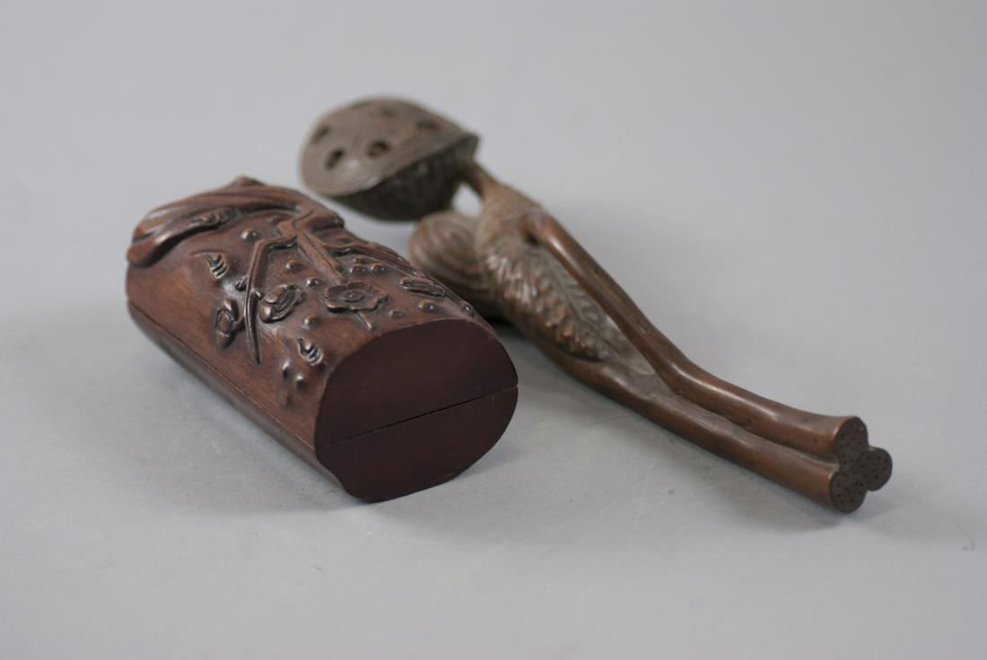 Chinese Carved Wood Bamboo Motif Box & Ruyi (1 of 3)