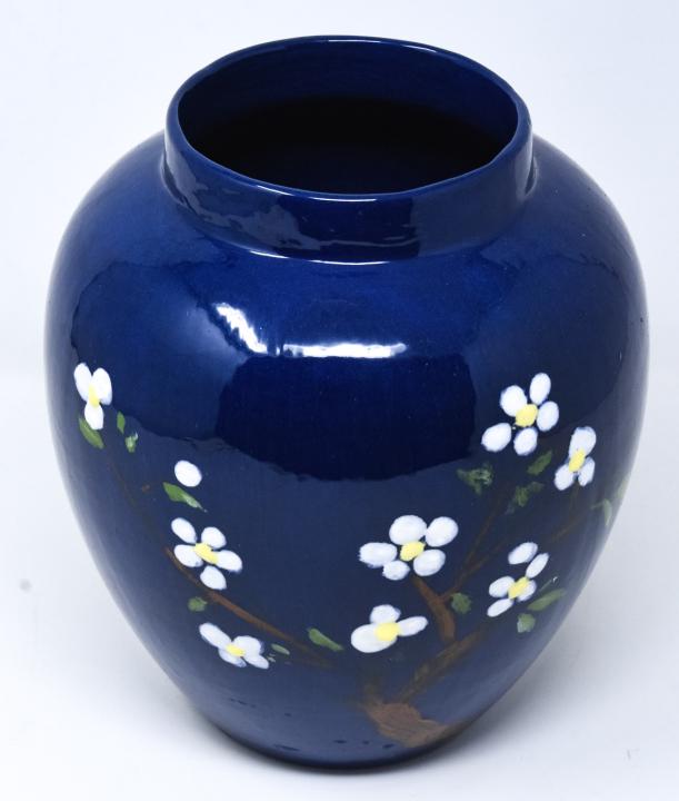 Chinese Hand Painted Porcelain Ginger Jar Vase: Chinese Hand Painted Porcelain Ginger Jar Vase. Blue vase with hand painted blossom branch motif. Measures 7 3/4 inches x 6 inches.