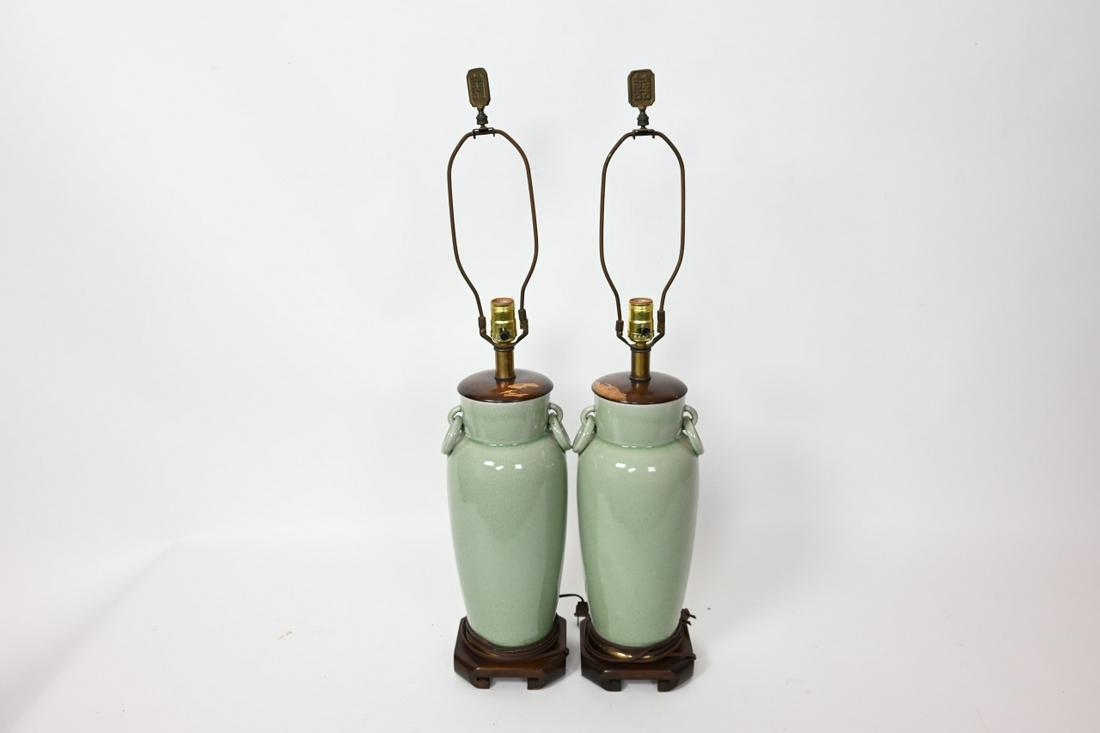 Pair Chinese Celadon Vase Mounted Table Lamps (1 of 9)