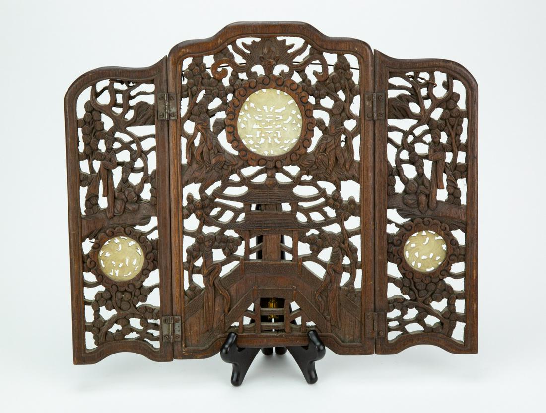Antique Hand Carved Table Screen w Jade Inserts (1 of 5)