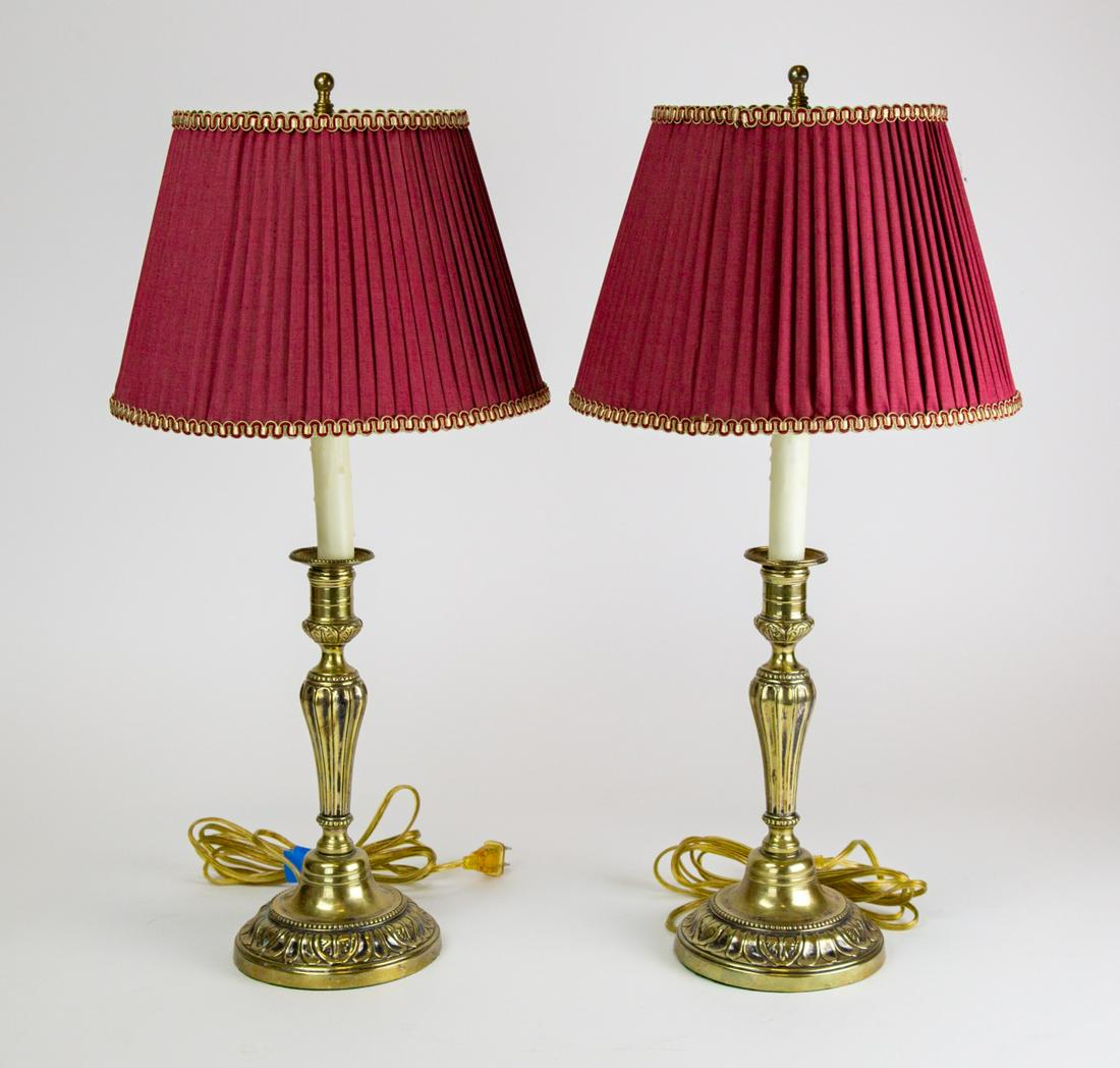 Pair Brass Candlestick Lamps with Red Shades (1 of 5)