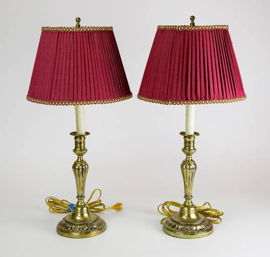 Pair Brass Candlestick Lamps with Red Shades Dec 06, 2022 Greenwich