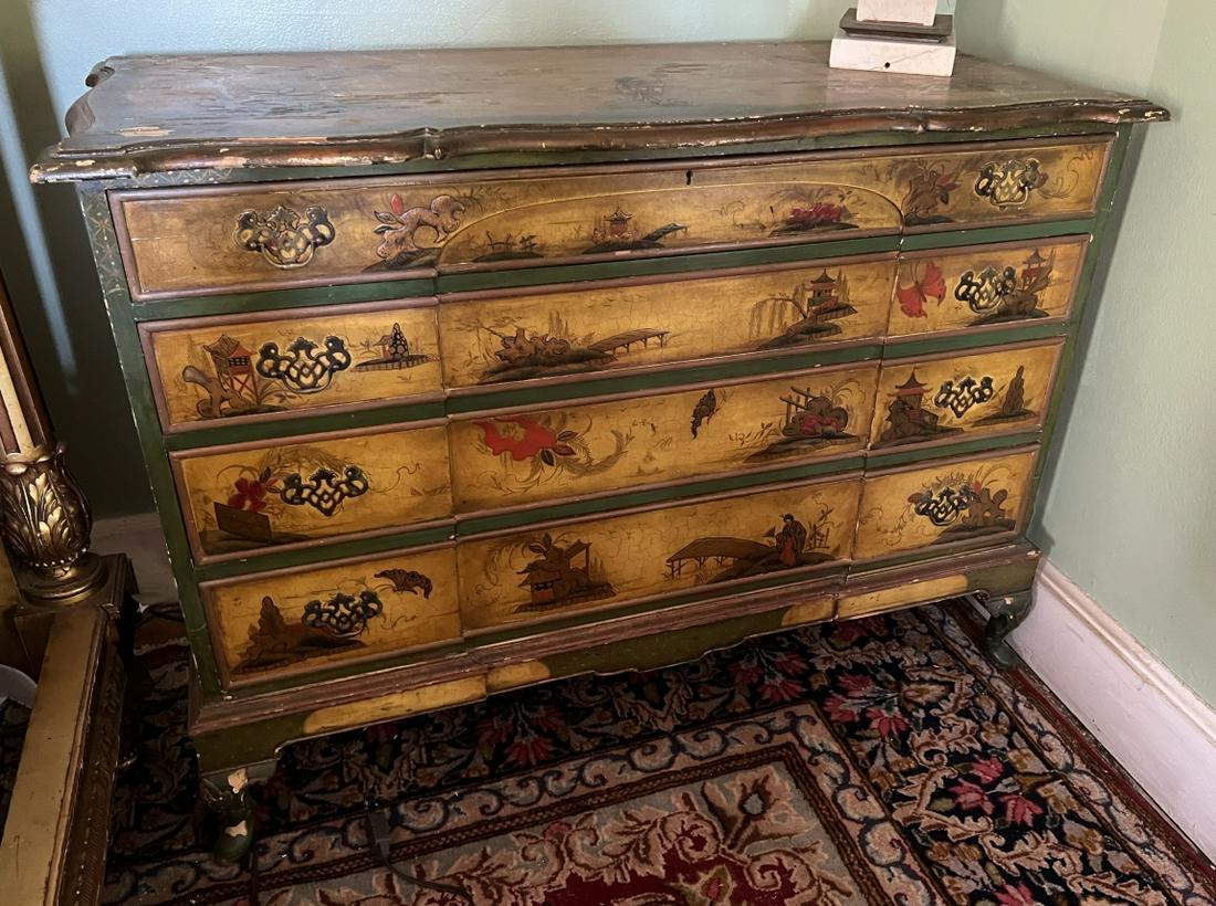 Antique Chinese Chippendale Chinoiserie Chest: Antique Chinese Chippendale Chinoiserie Chest of Drawers. Measures 34 x 46 x 20 inches. Property of the Historic Edgecroft Mansion & National Garden in River Edge, New Jersey. Select items needing res