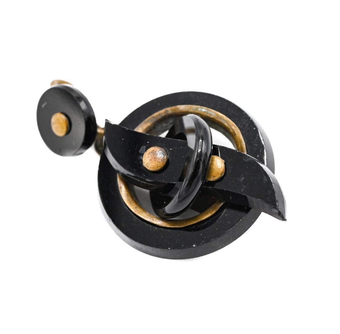 Antique 19th C French Jet Mourning Jewelry Pendant: Antique 19th C French Jet Buckle Design Necklace Pendant in Gilt Metal. Possibly a piece of mourning jewelry. Measures 1.5 inches in length.