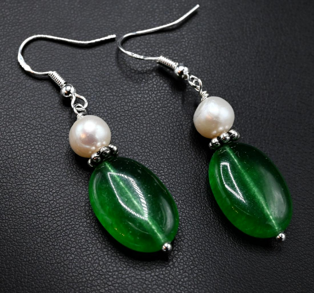 Pair of Sterling Jade & Baroque Pearl Earrings (1 of 6)