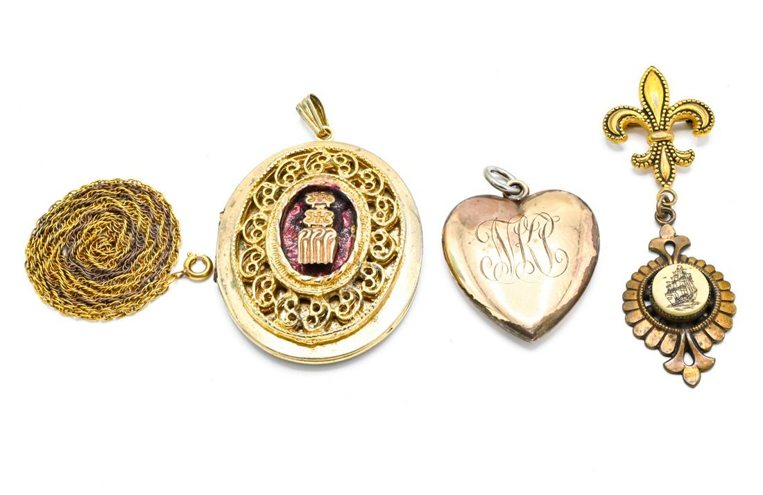 Antique Gold Filled Heart Locket & Gilt Jewelry: Antique Gold Filled Heart Locket & Gilt Metal Jewelry. Largest locket measures 2.25 inches in length.