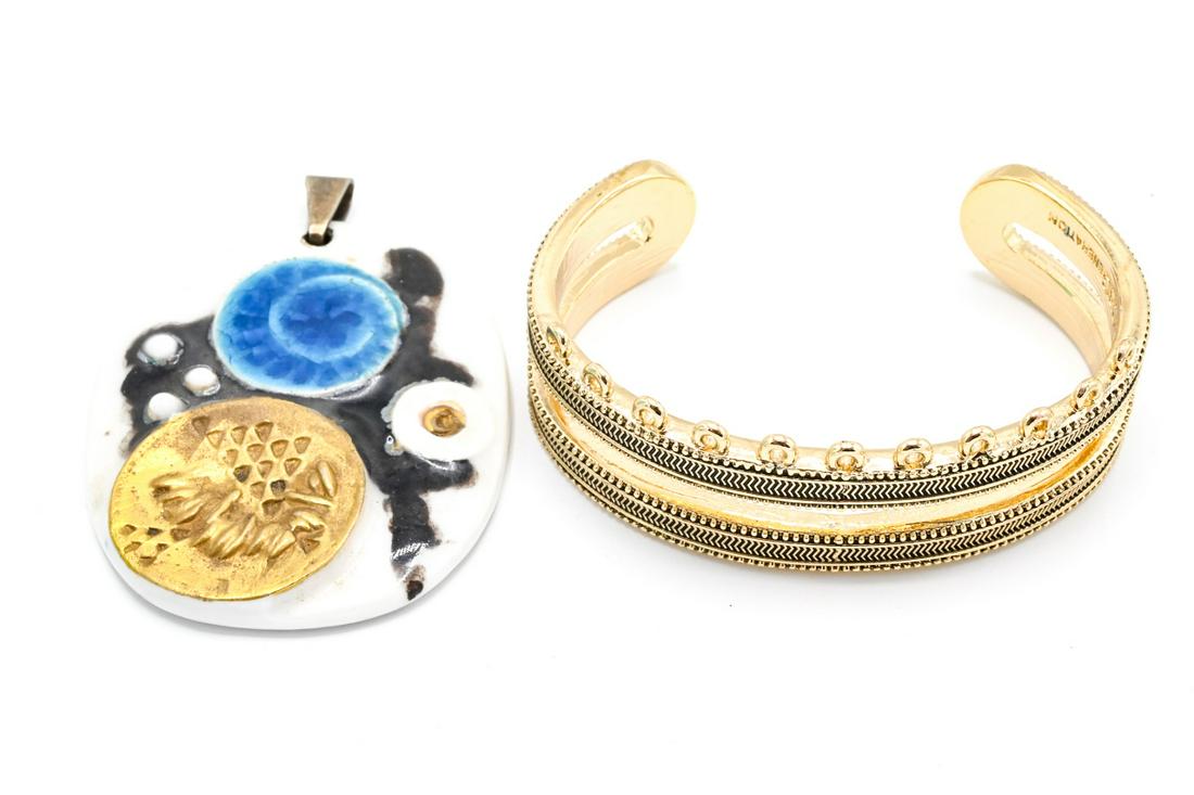 Mid Century Modern Denmark Pendant & Bracelet: Mid Century Modern Denmark Pendant & Costume Jewelry Gilt Metal Bracelet for Charms. Pendant measures 2.75 inches in length.